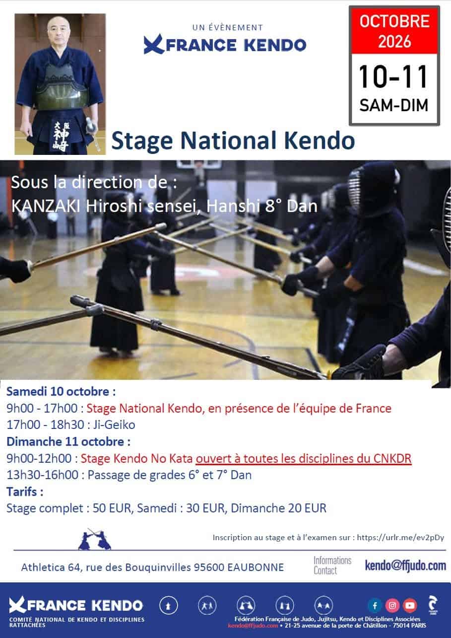 Stage national de Kendo sous la direction de KANZAKI Sensei les 10 et 11 octobre au centre Athletica
